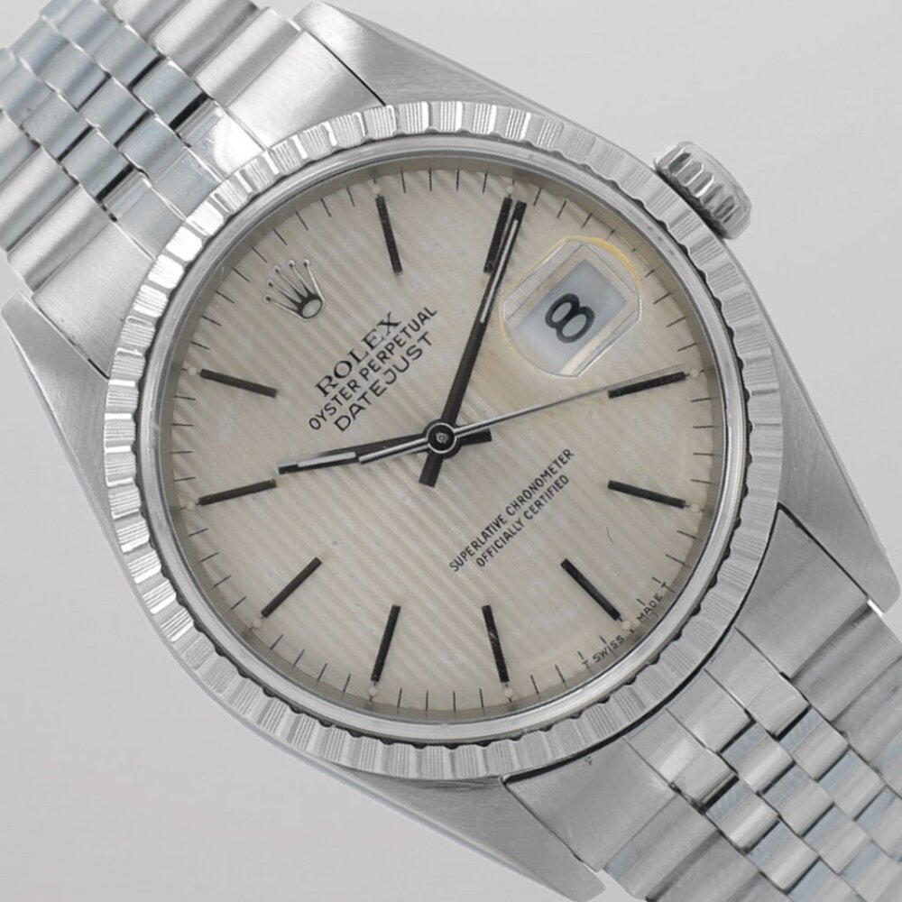 Rolex Mens Datejust 36mm Steel Silver Tapestry Dial Engine-Turned Jubilee 16220